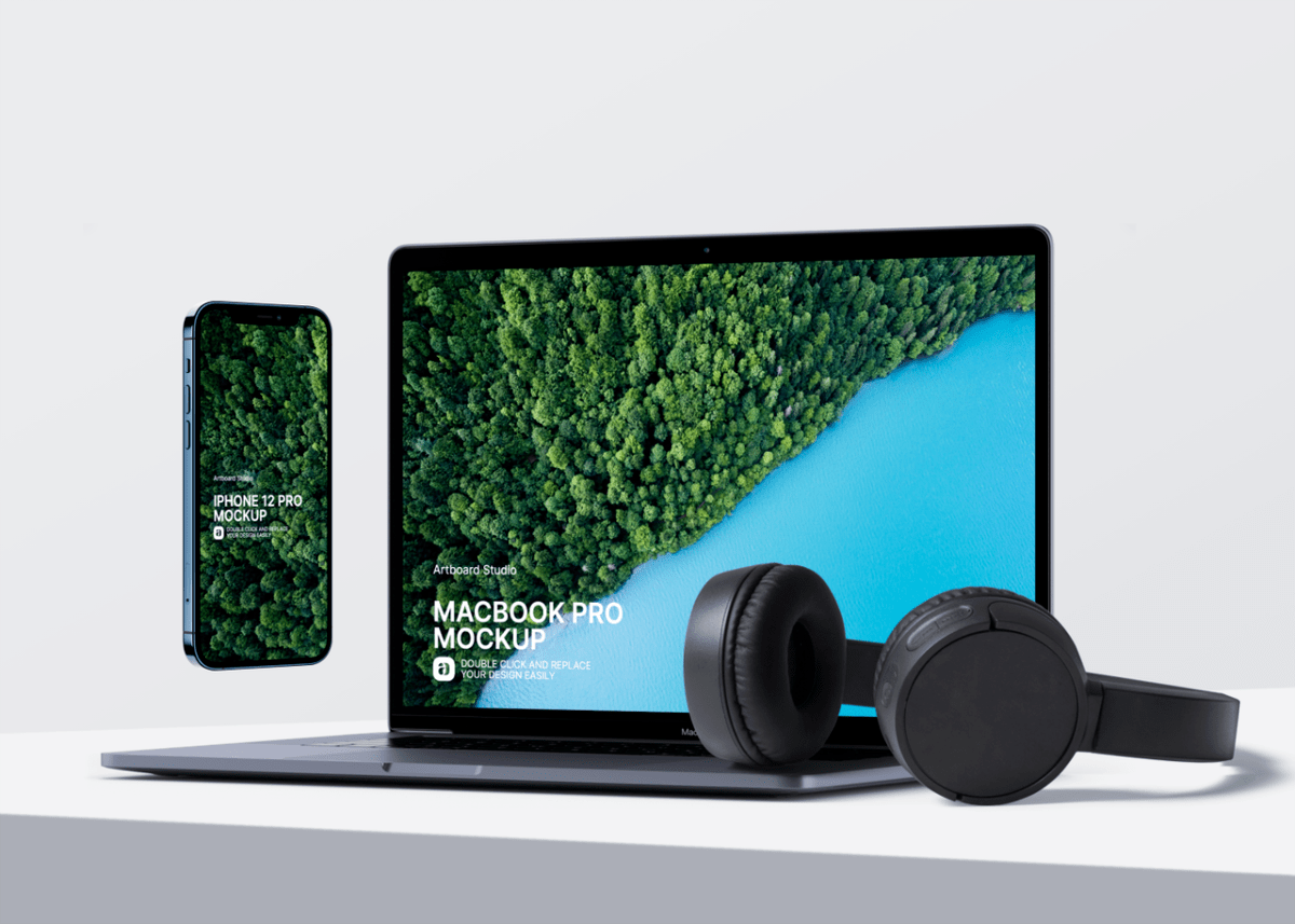 Picture A multi device ios mockup featuring a macbook pro laptop and a black iphone mockup leaning against the laptop. Multiple Devices Mockup Scene