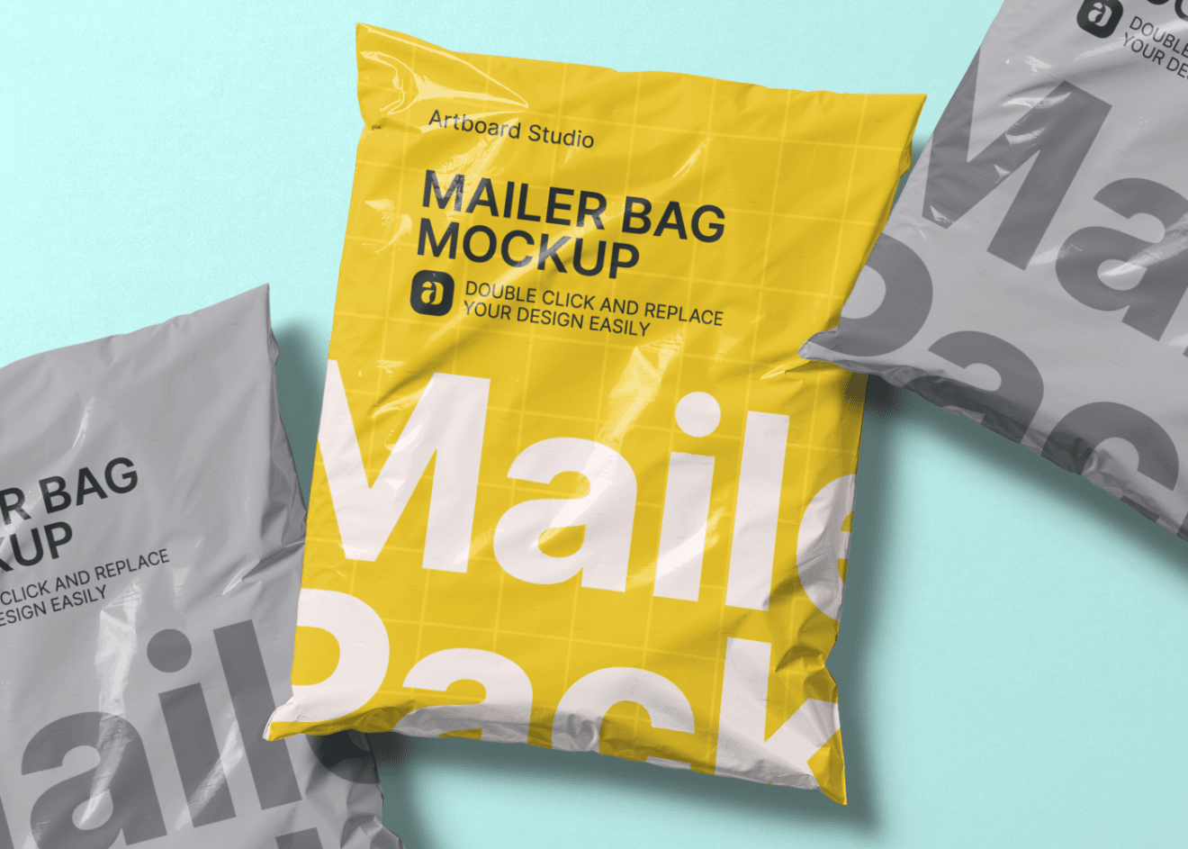 The mockup comes in 2 scenes with a rustling bag, stickers, stamps and the logo of the delivery company. Glossy Mailer Bag Mockup Template