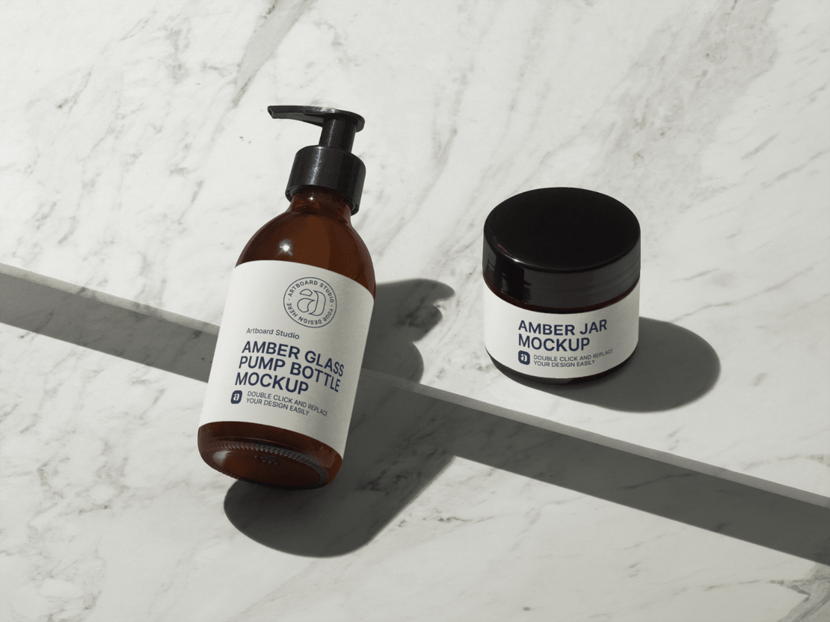 Find & download free graphic resources for cream mockup. Amber Glass Pump Bottle And Amber Cream Jar Cosmetic Mockup Template