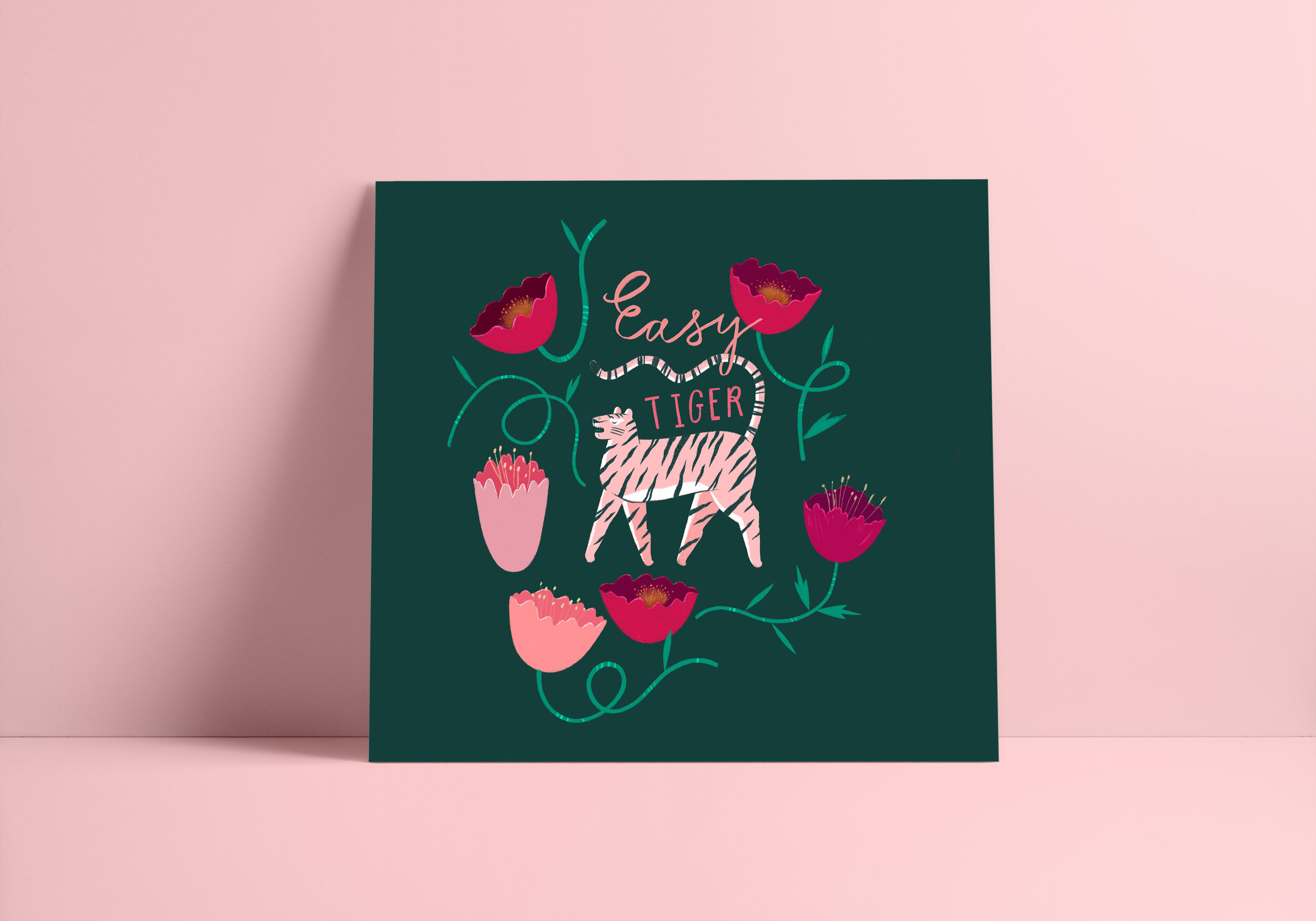 Mockup of a woman holding a horizontal poster at a studio. Easy Tiger Giclee Art Print 25 00 Arnelle Woker